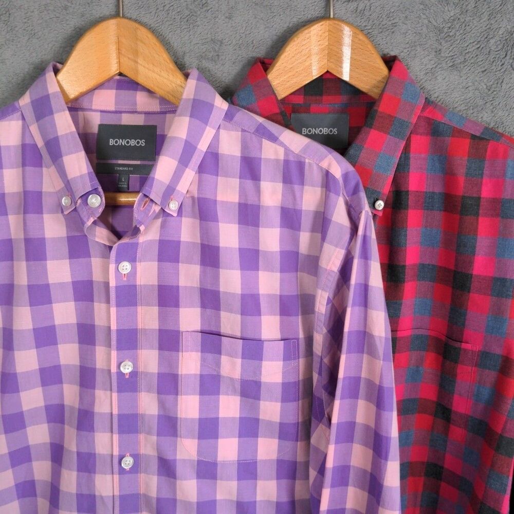 Lot of 2 Bonobos Button Down Shirts Size Large Standard Fit Check Long Sleeve
